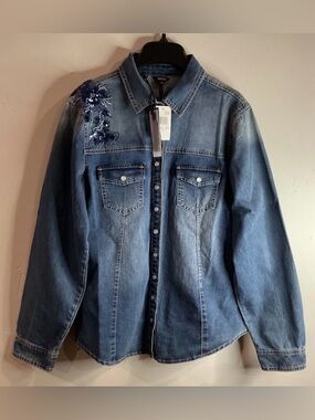Buffalo David Bitton Embroidered Sequined Denim Button-Up Shirt Blue Sz M NWT